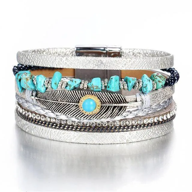 Multiple Layers Charms Leather Bracelets&Bangles for Women Vintage Crystal Stone Leaf Feather Female Jewelry