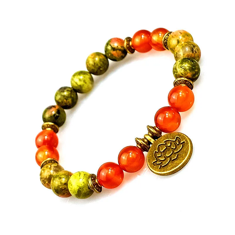 Natural Flower Green Stone Line Pattern Agate Lotus Pendant Beaded Bracelet for Men and Women