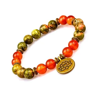 Natural Flower Green Stone Line Pattern Agate Lotus Pendant Beaded Bracelet for Men and Women