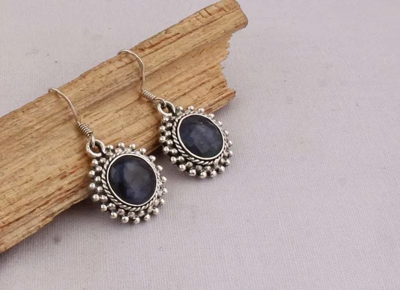 Natural Sapphire Earring, Dainty Hoop 925 Silver Earrings,September Birthstone,Christmas Gift