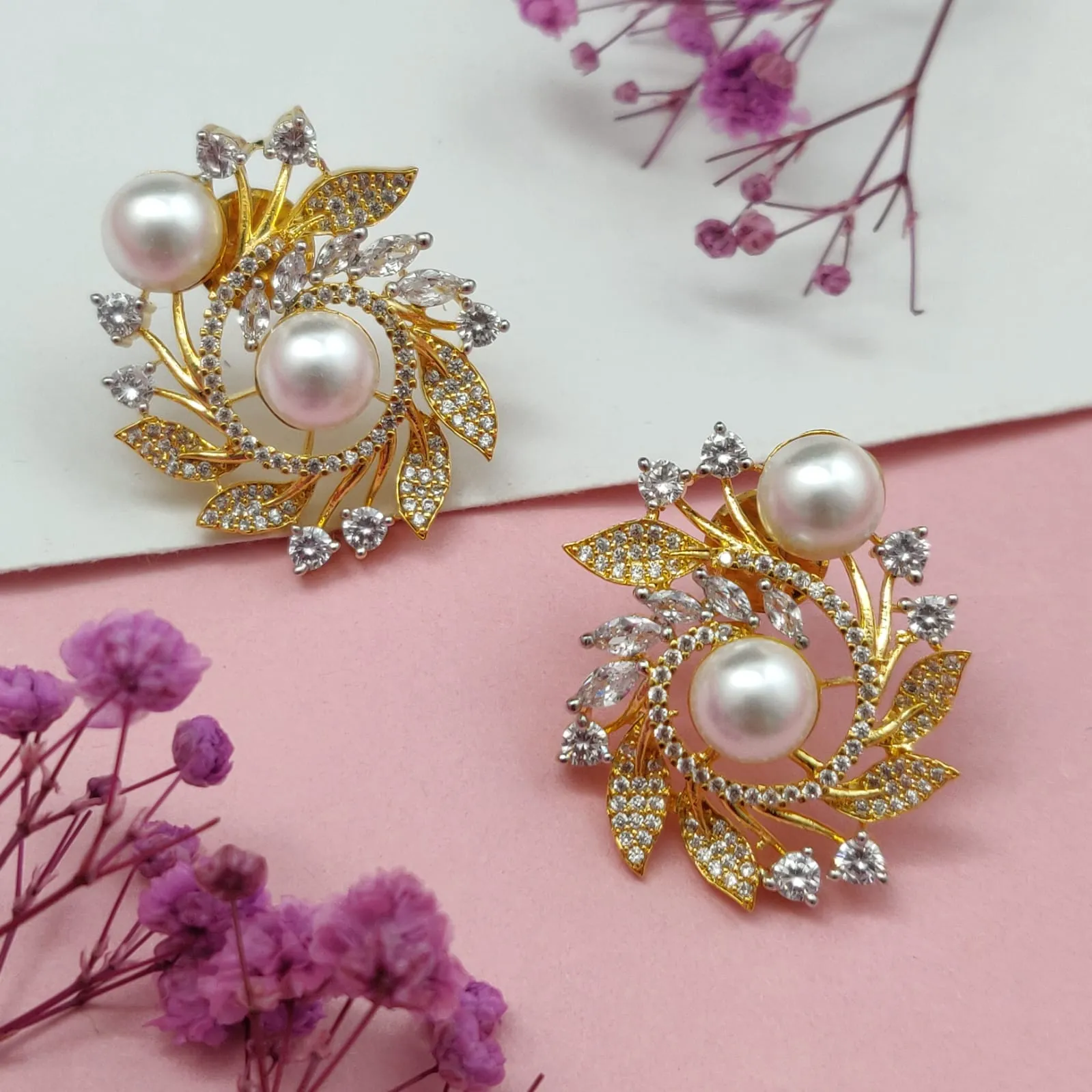 Pearl Elegant AD Studs in Gold