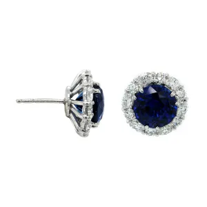 Platinum Blue Sapphire & Diamond Halo Studs