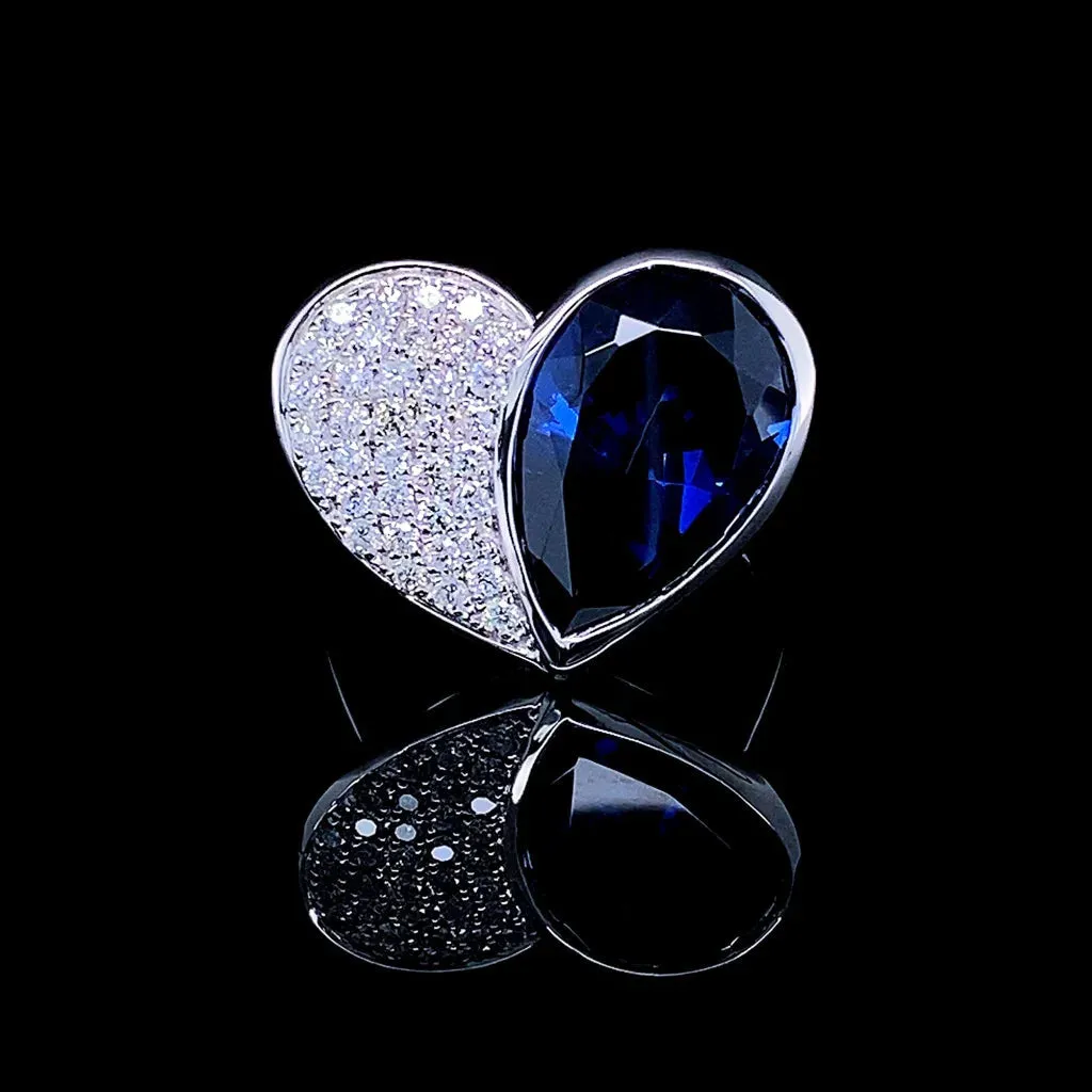 PREORDER | Half Heart Paved Blue Sapphire Gemstones Diamond Ring 14kt