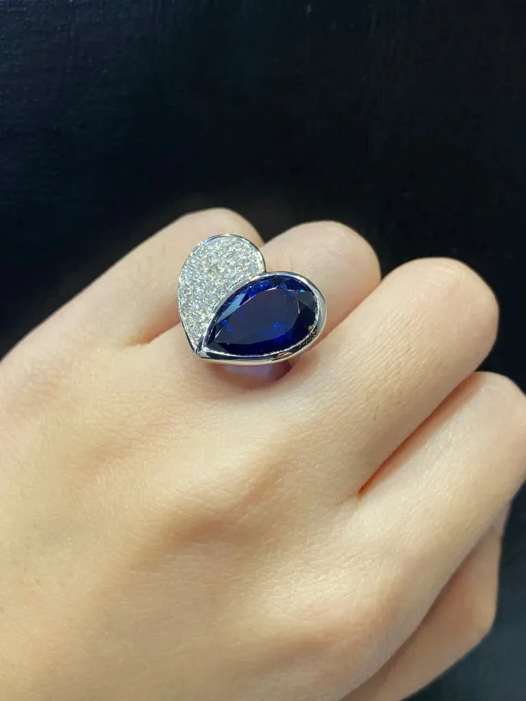 PREORDER | Half Heart Paved Blue Sapphire Gemstones Diamond Ring 14kt