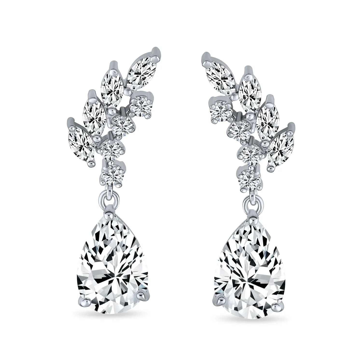 Prom Bridal Leaf Teardrop Dangle Chandelier Earrings Silver Cubic Zirconia 1.3 Inch