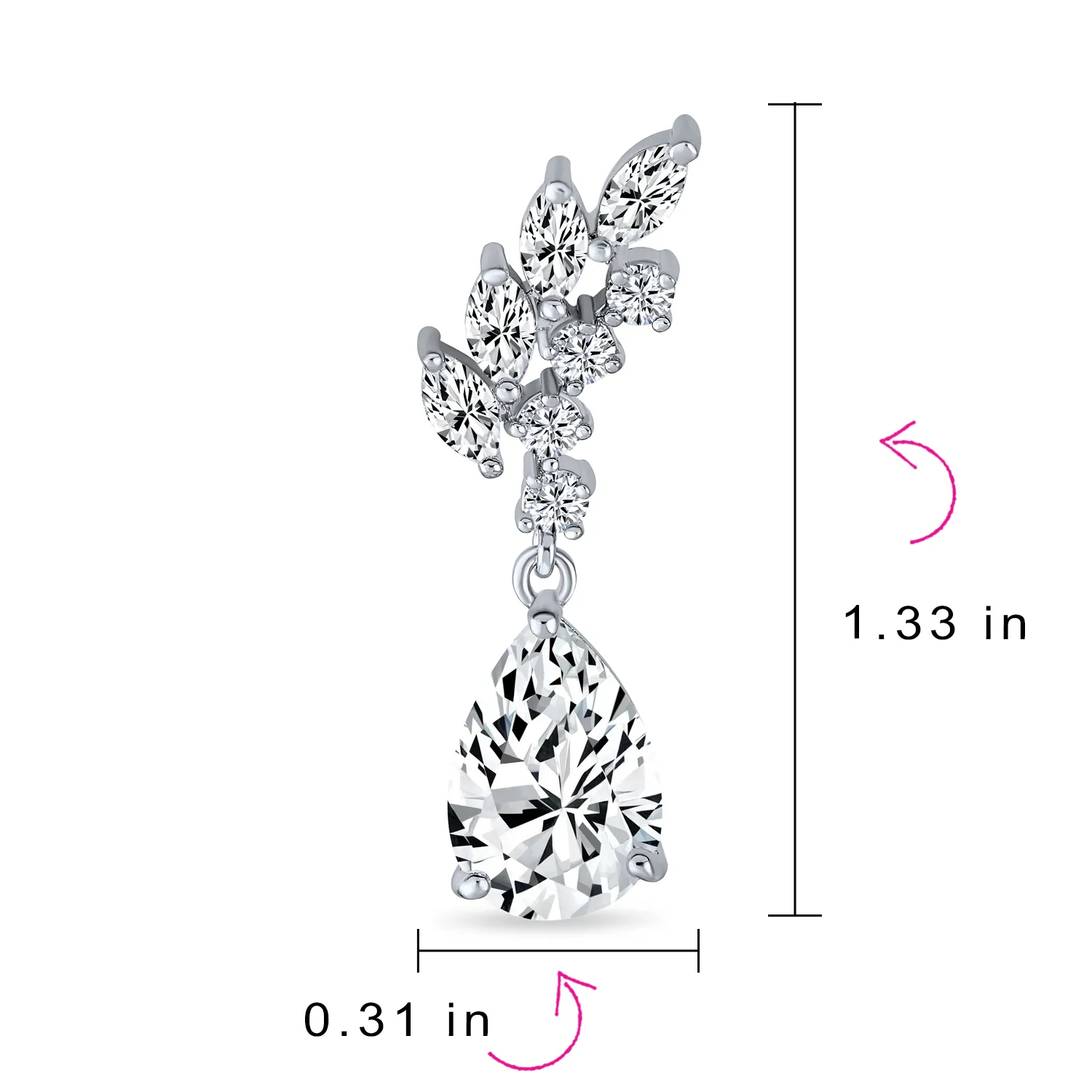 Prom Bridal Leaf Teardrop Dangle Chandelier Earrings Silver Cubic Zirconia 1.3 Inch