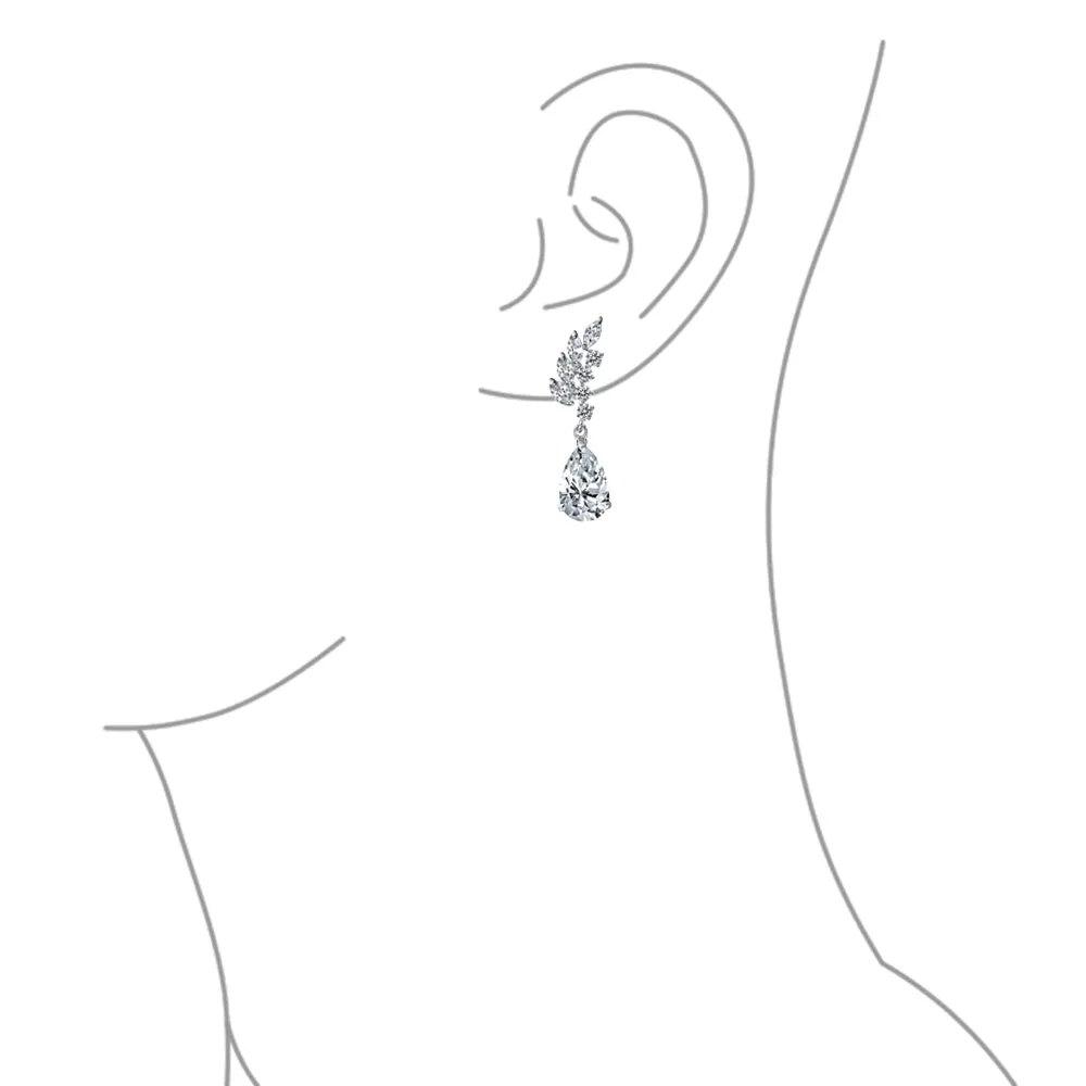 Prom Bridal Leaf Teardrop Dangle Chandelier Earrings Silver Cubic Zirconia 1.3 Inch