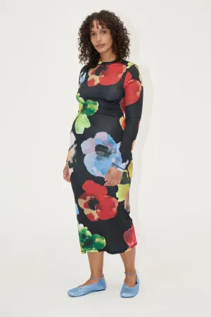 Pullover Long Sleeve Midi Dress - Watercolor Bloom