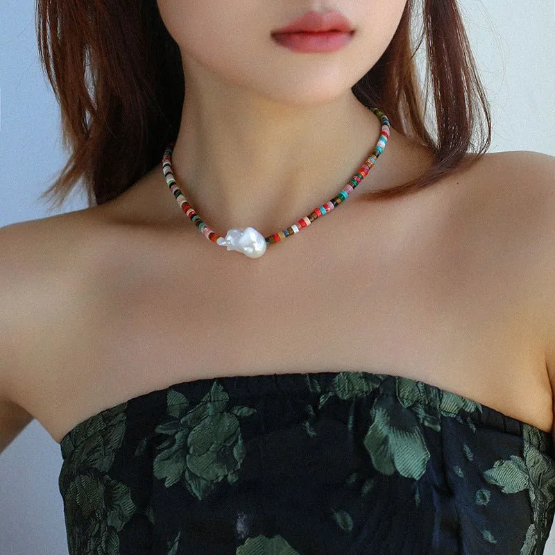 Rainbow Stone Baroque Pearl Necklace