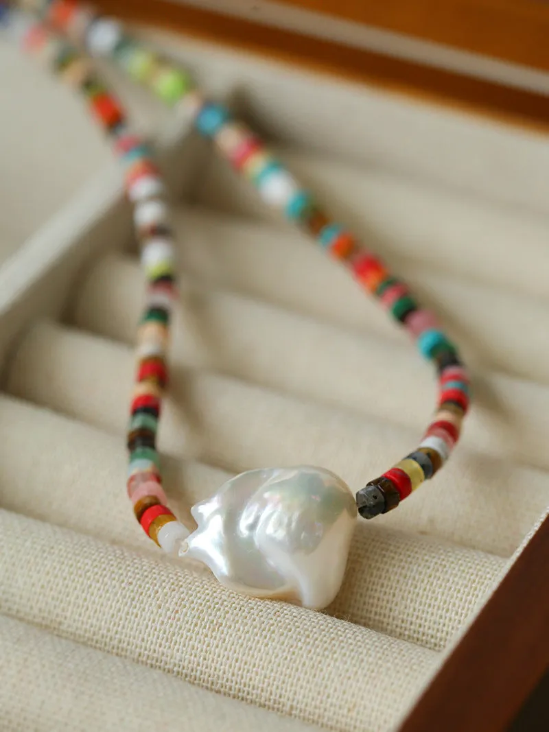 Rainbow Stone Baroque Pearl Necklace