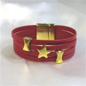 Red Leather Cuff Bracelet Gold Star