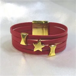 Red Leather Cuff Bracelet Gold Star