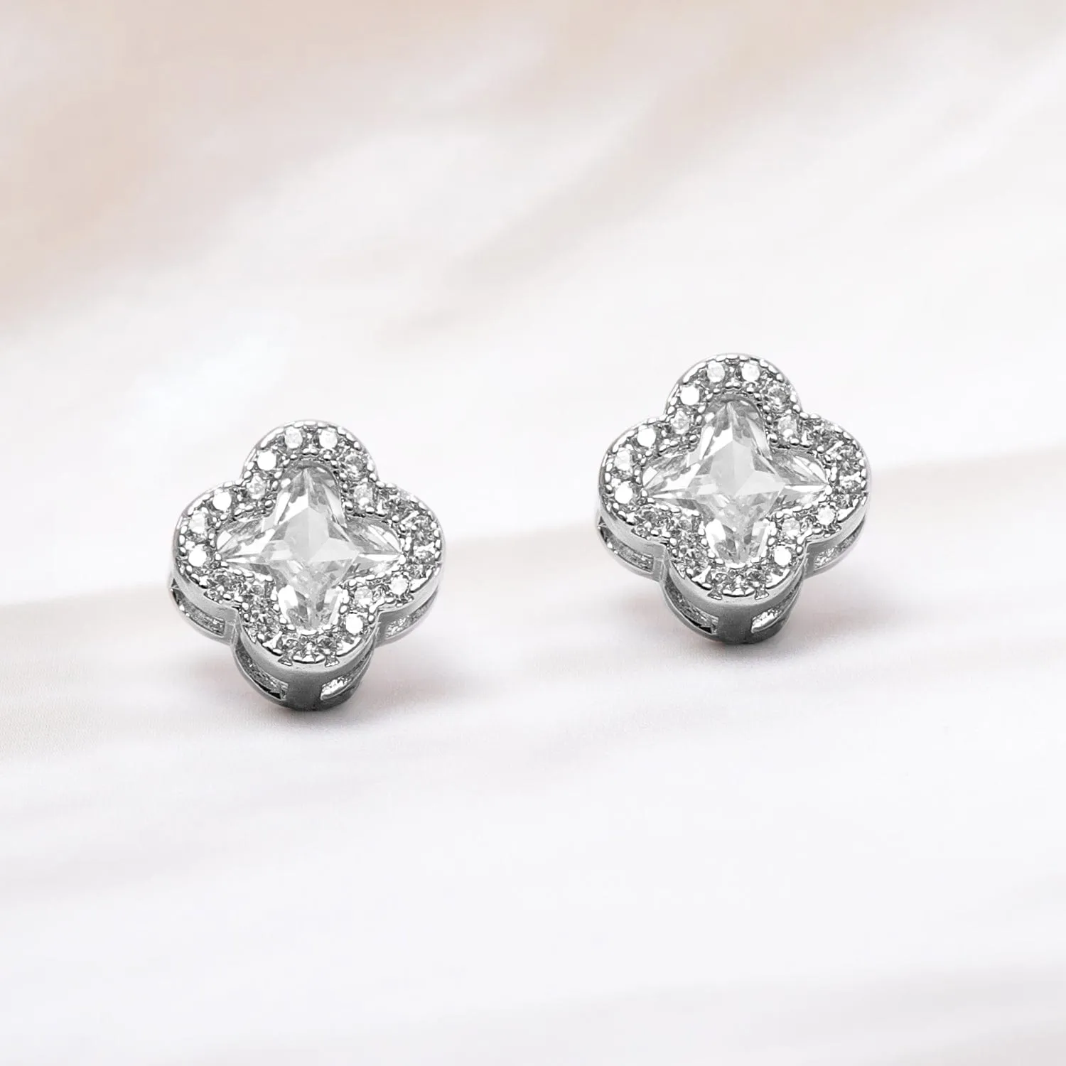 Rhodium-Plated Clover Design Cubic Zirconia Stud Earrings