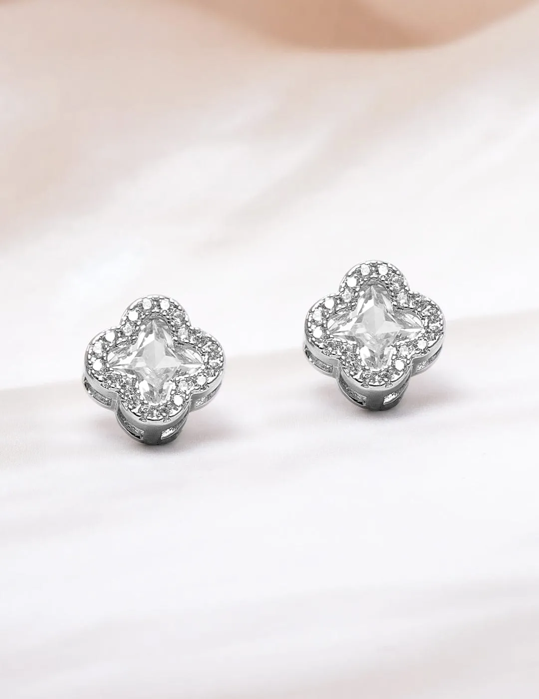 Rhodium-Plated Clover Design Cubic Zirconia Stud Earrings