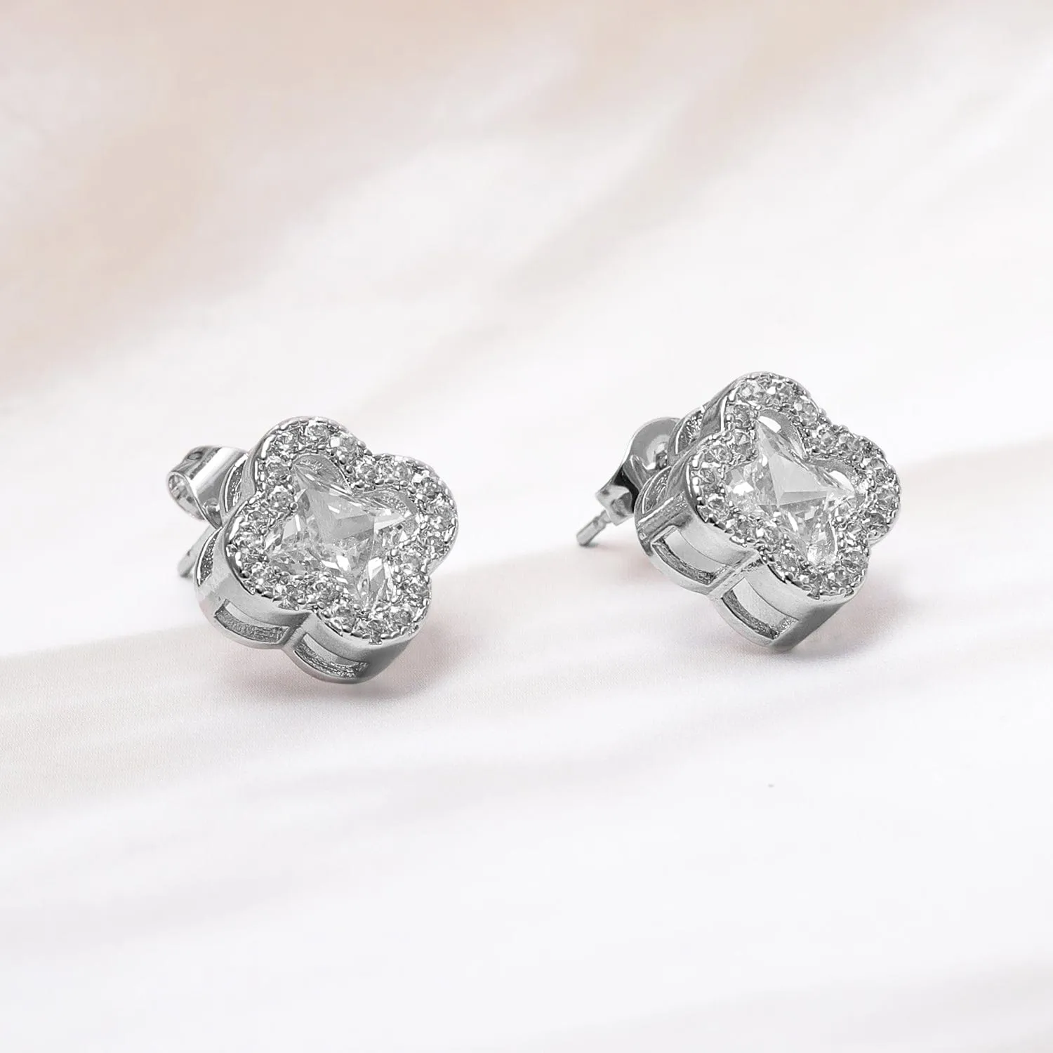 Rhodium-Plated Clover Design Cubic Zirconia Stud Earrings