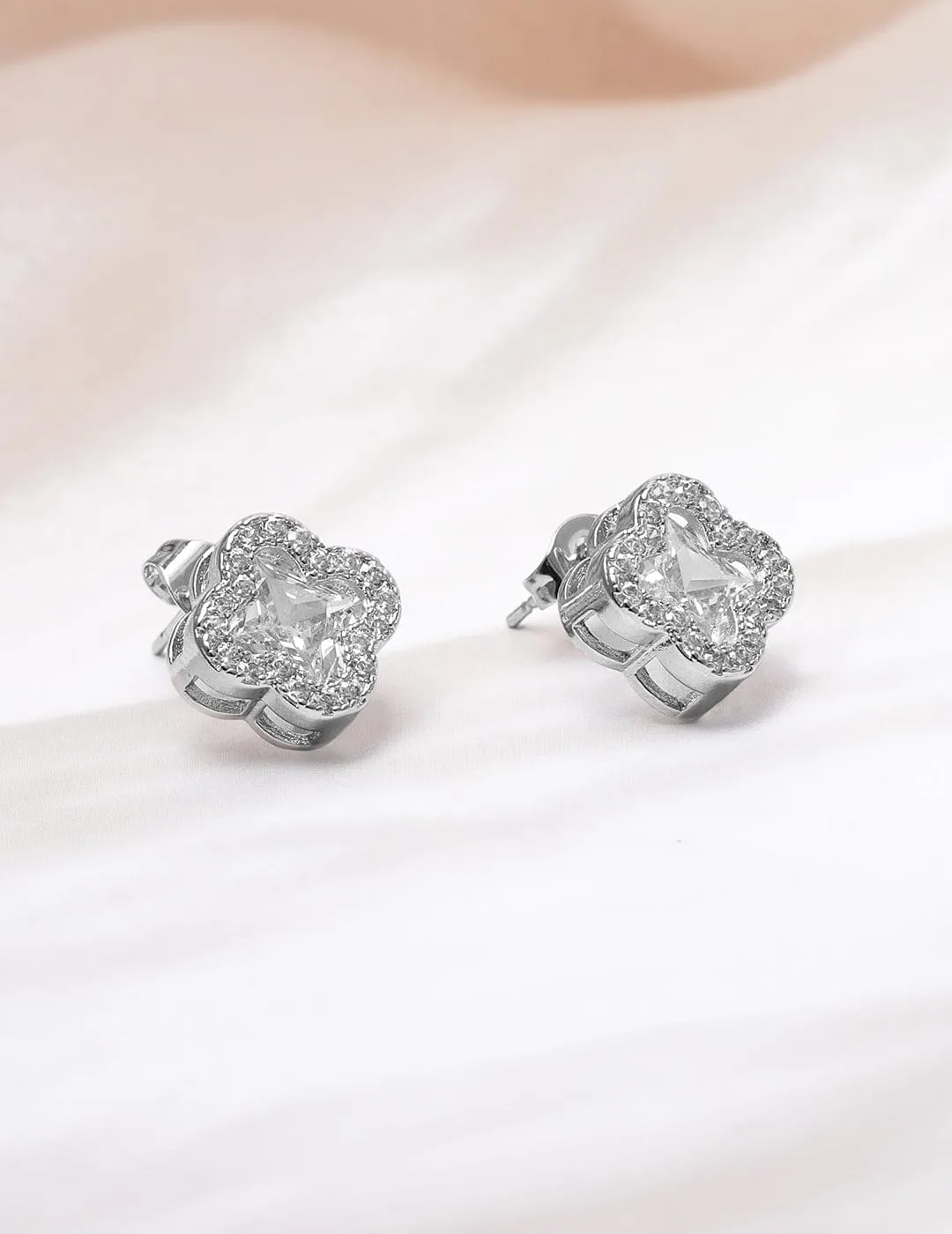 Rhodium-Plated Clover Design Cubic Zirconia Stud Earrings