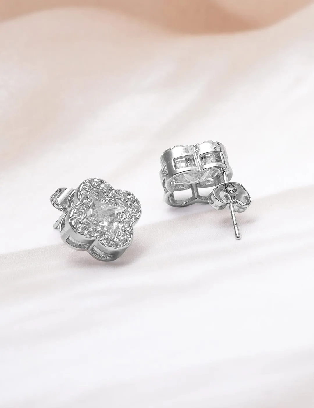 Rhodium-Plated Clover Design Cubic Zirconia Stud Earrings