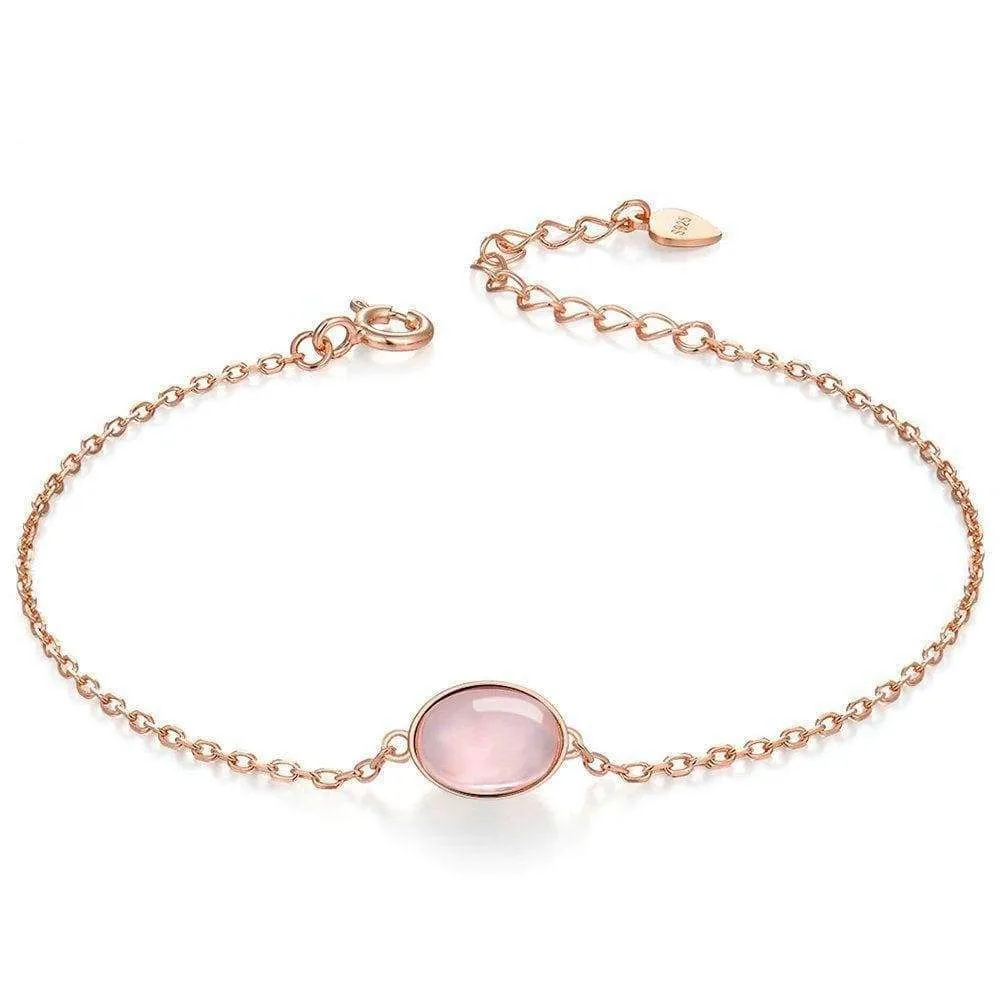 Rose Quartz Sterling Silver S925 Oval Charm Bracelet