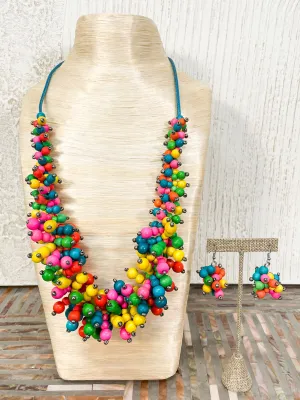 Round Beaded Necklace & Earrings Set, Turquoise Multi