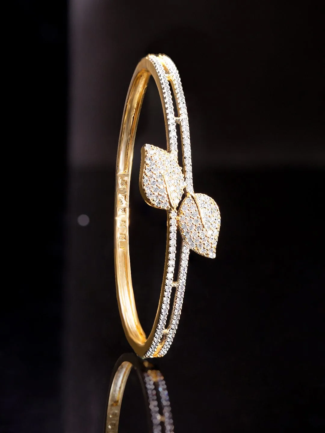 Rubans 22K Gold Plated Zirconia Leaf Motif Sleek Bracelet