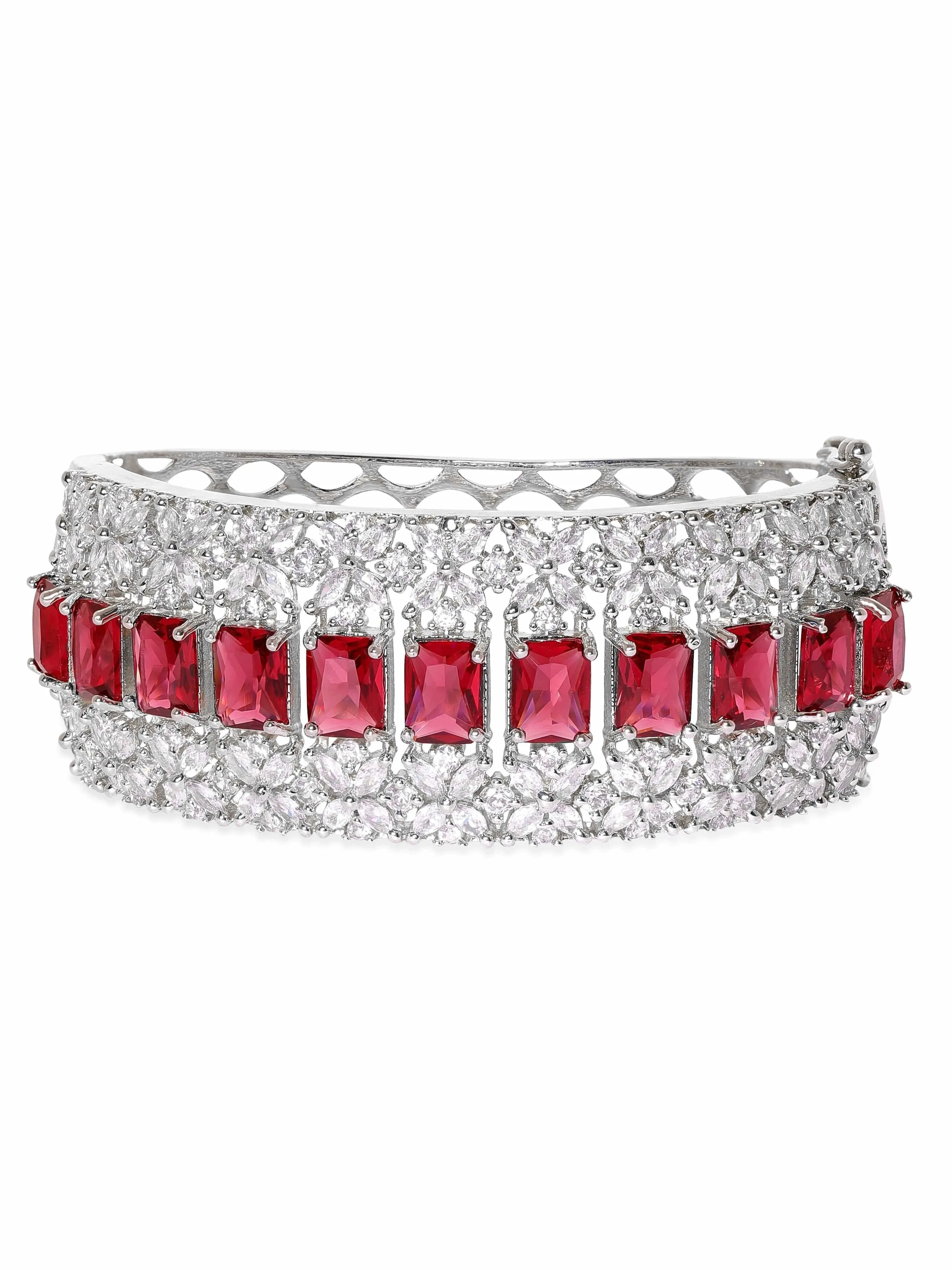 Rubans Rhodium Plated Ruby Red Zirconia Studded Statement Bracelet