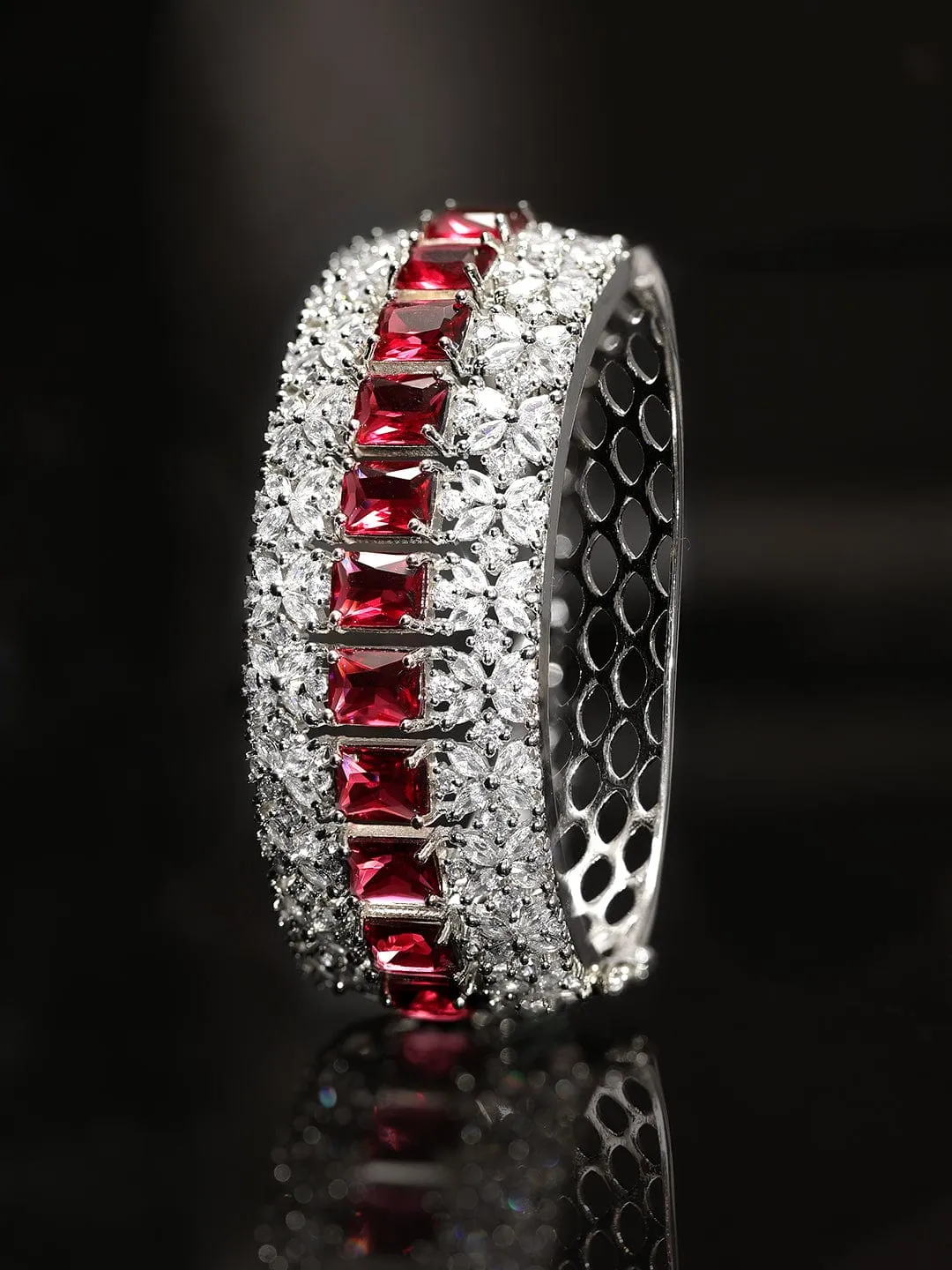 Rubans Rhodium Plated Ruby Red Zirconia Studded Statement Bracelet