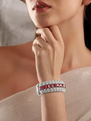 Rubans Rhodium Plated Ruby Red Zirconia Studded Statement Bracelet