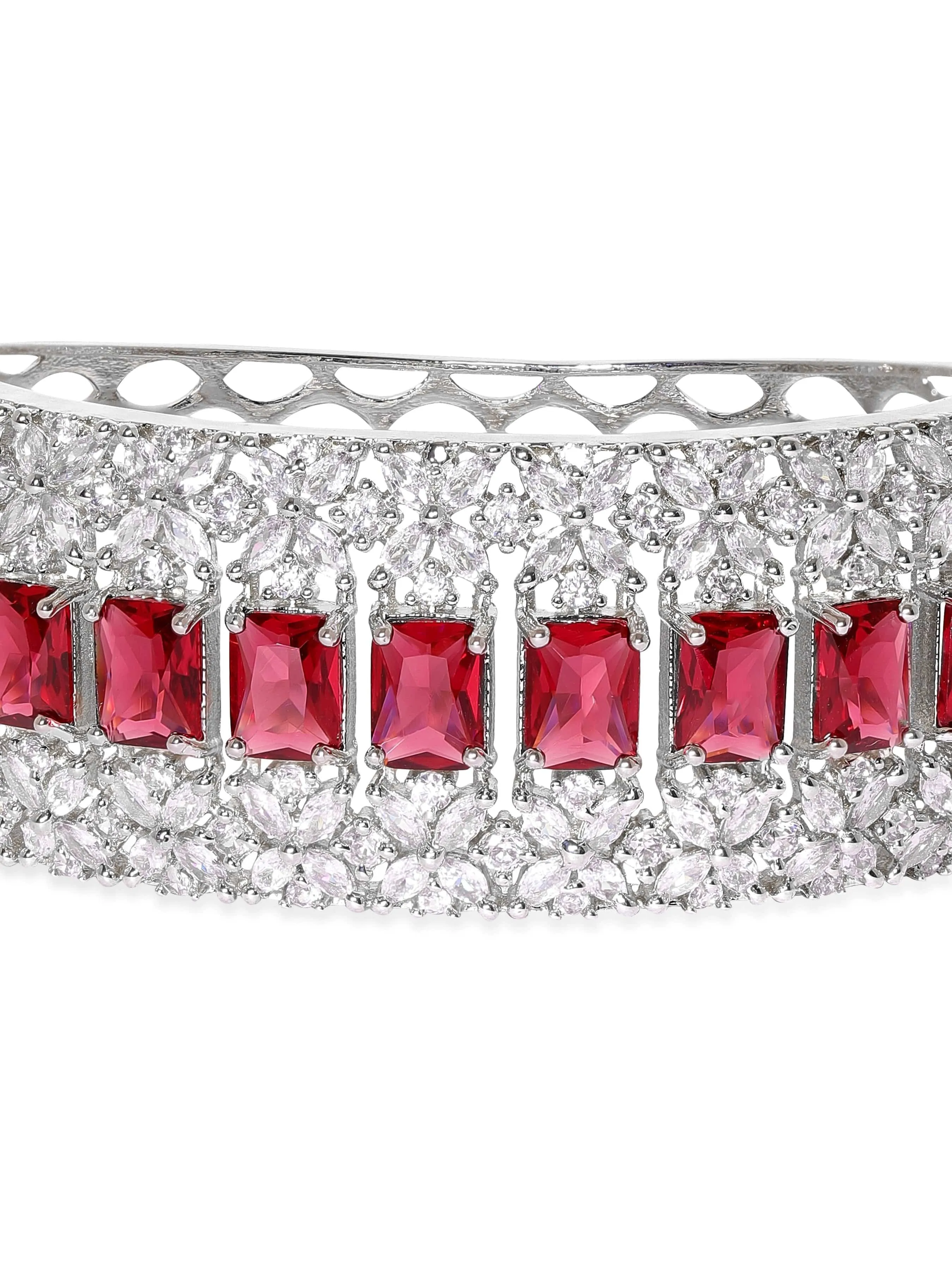 Rubans Rhodium Plated Ruby Red Zirconia Studded Statement Bracelet