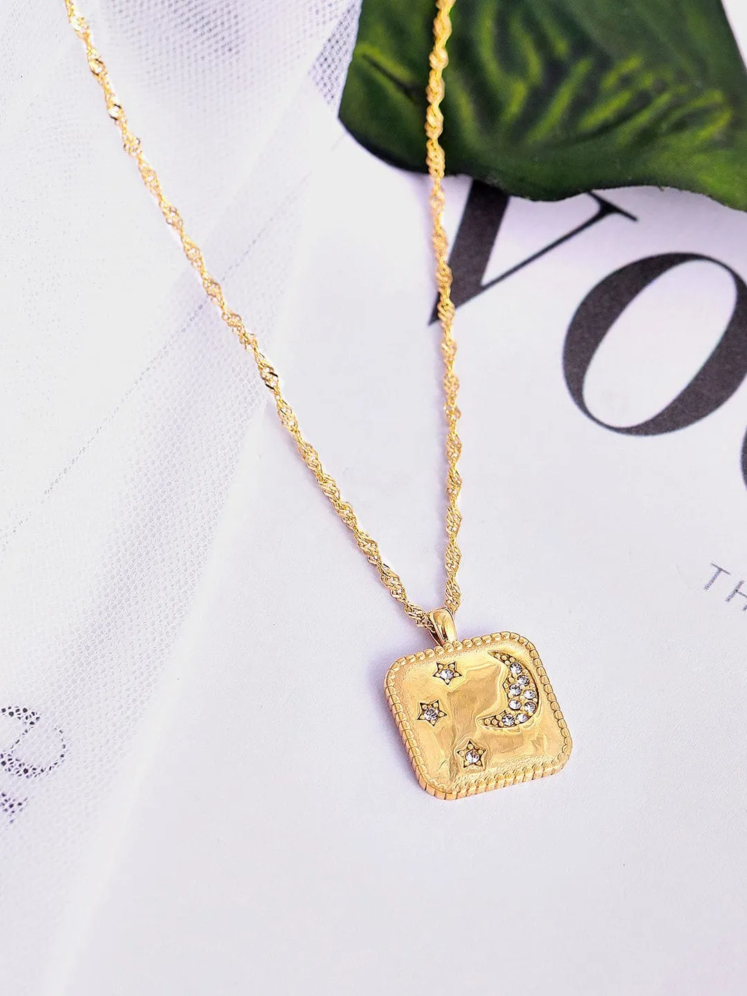 Rubans Voguish 18K Gold Plated Stainless Steel Waterproof Chain With Zircon Studded Geometric Pendant.