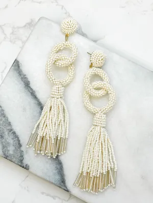 Seed Bead Linked Tassel Earrings - White