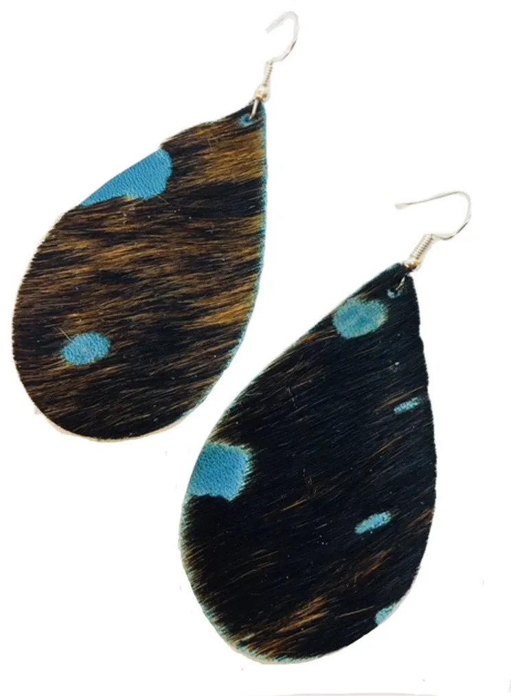 Shades of Blue Hair On Hide Leather Teardrop Earrings