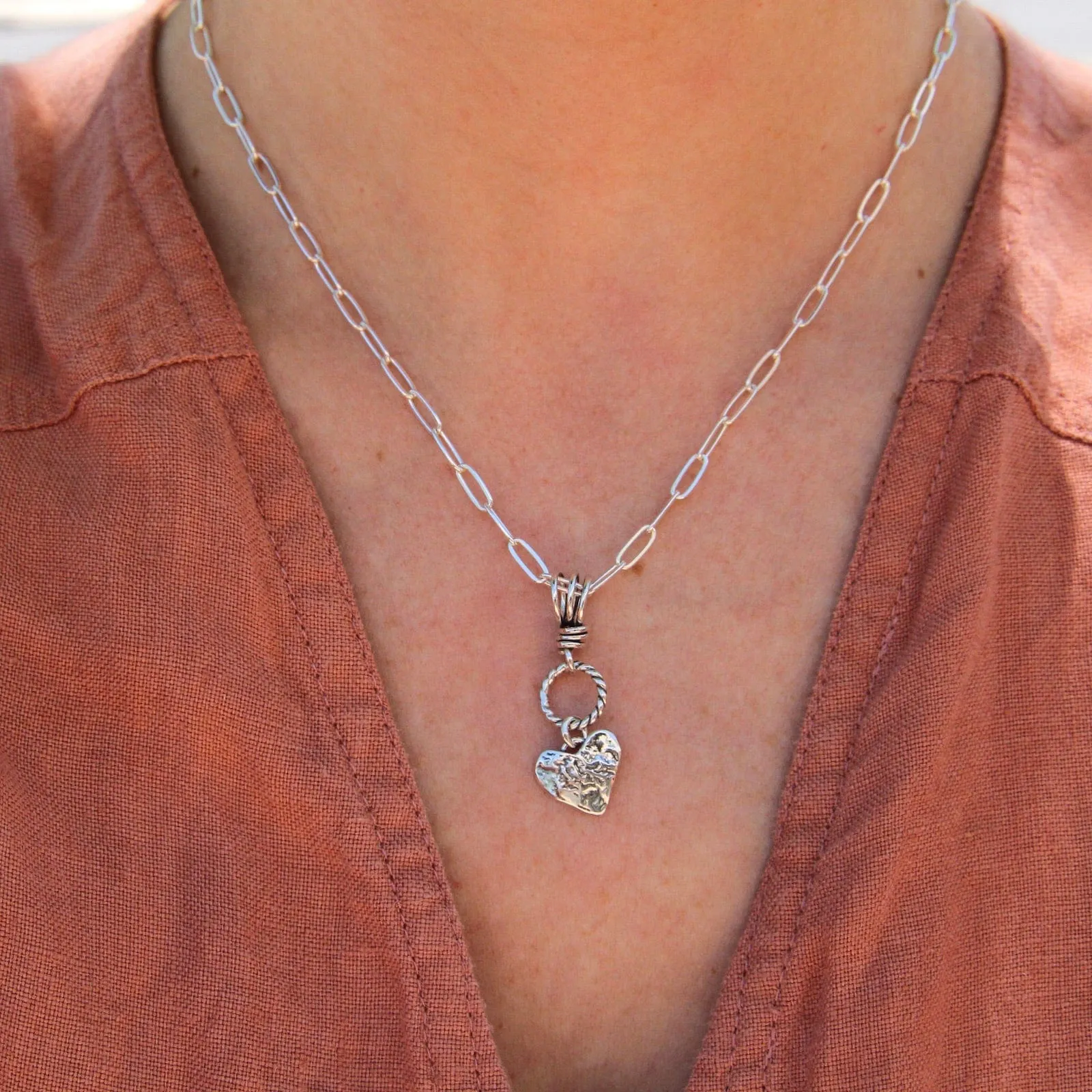 Silver Heart on Textured Ring with Vine Bail Pendant