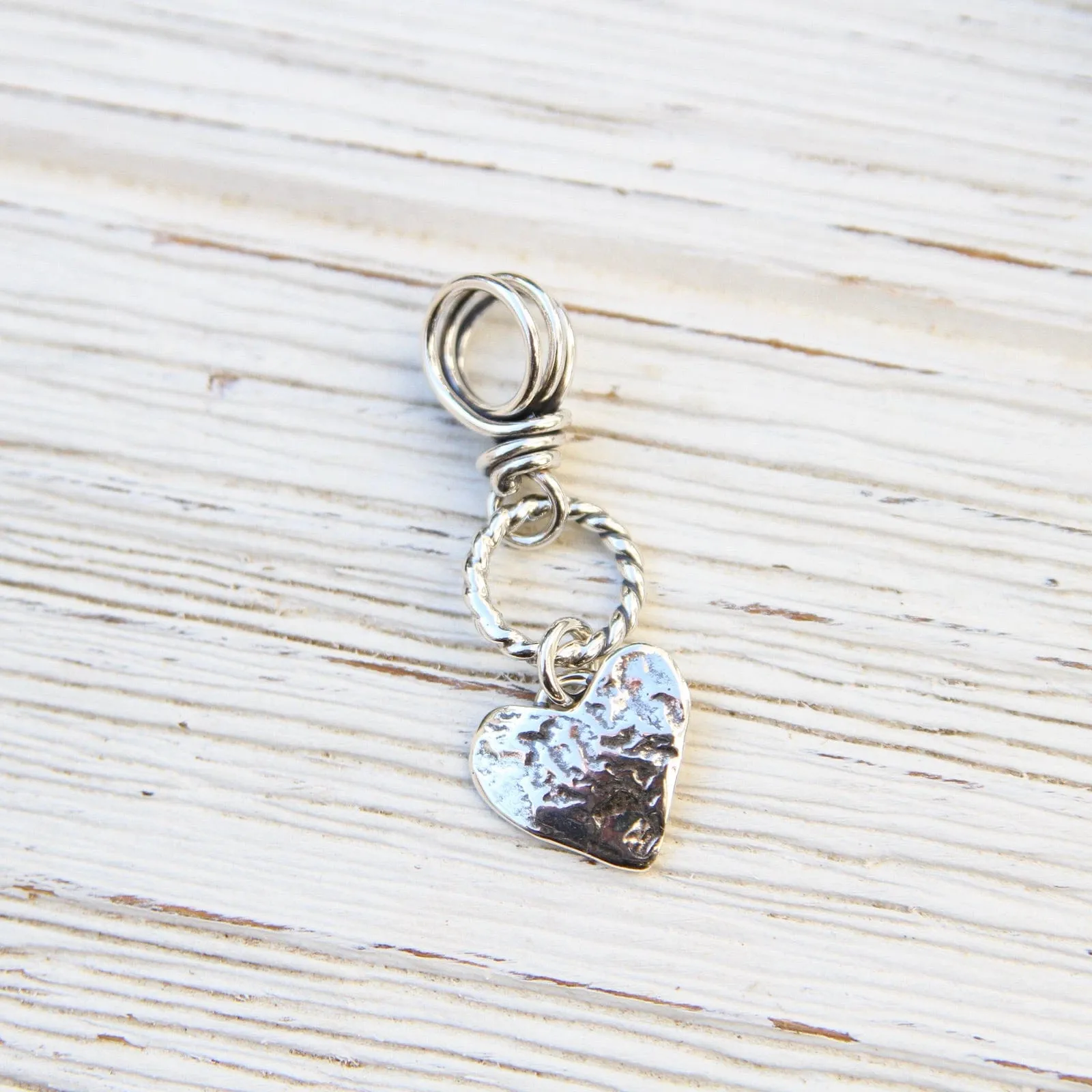 Silver Heart on Textured Ring with Vine Bail Pendant