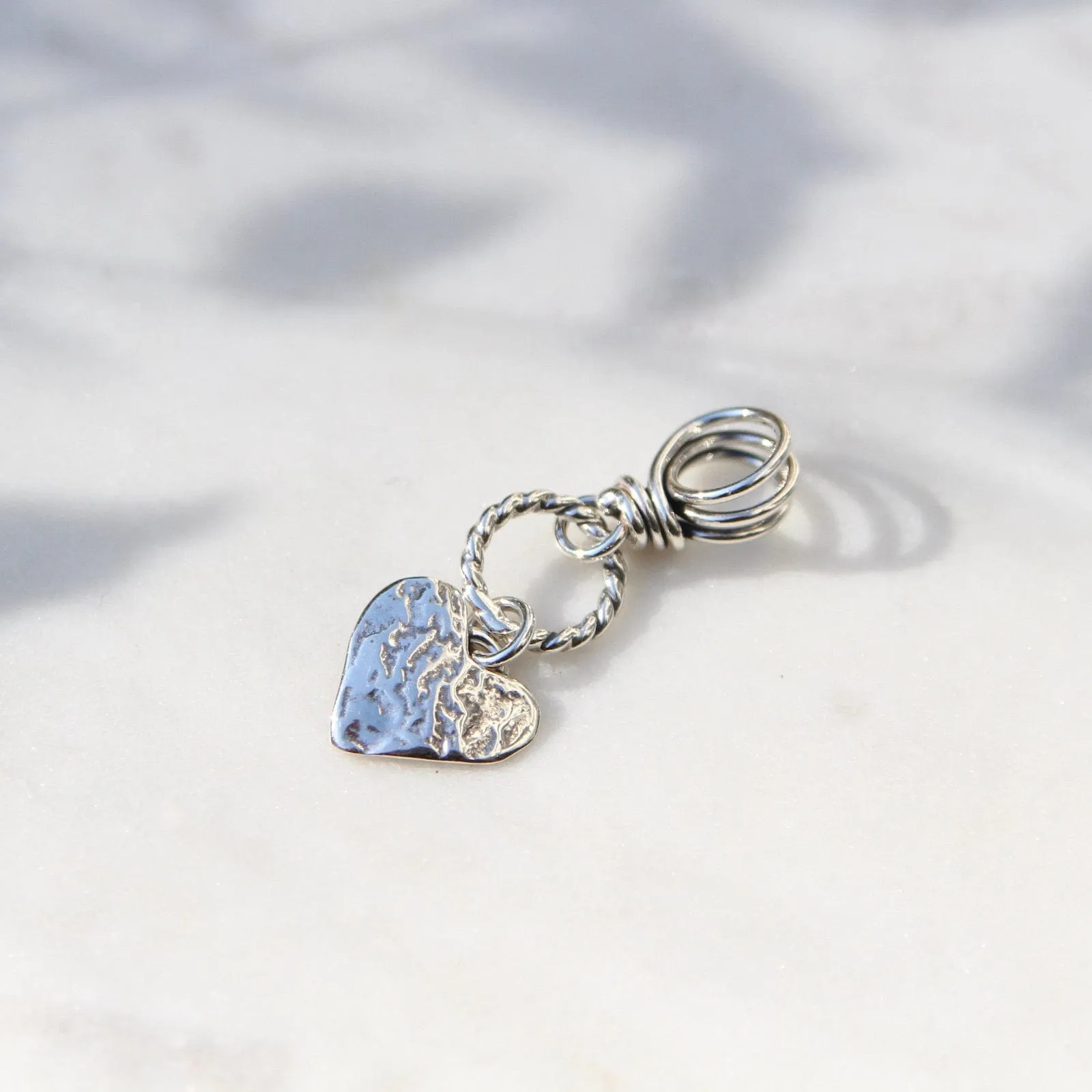 Silver Heart on Textured Ring with Vine Bail Pendant