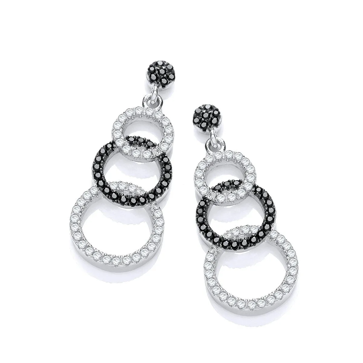 Sterling Silver Multi Circle Black CZ Drop Earrings