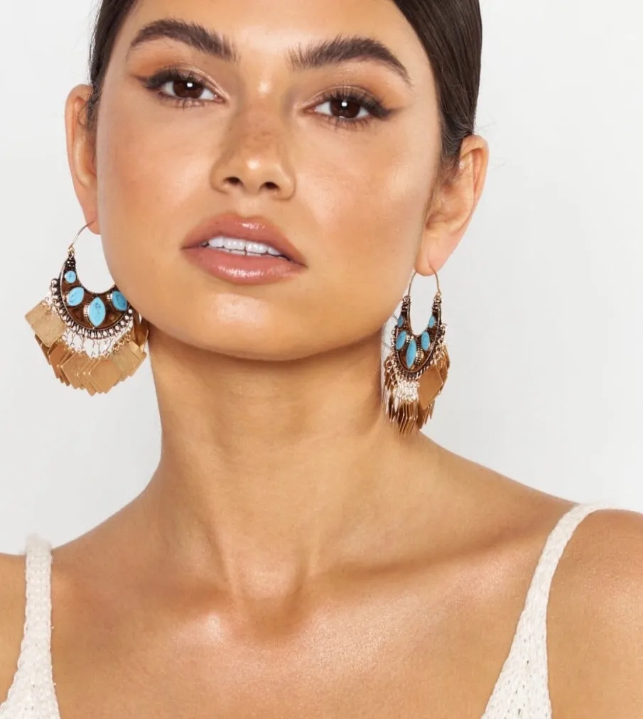 Turquoise Boho Metal Tassel Statement Earrings