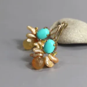 Turquoise Pearl Carnelian Bee Earrings