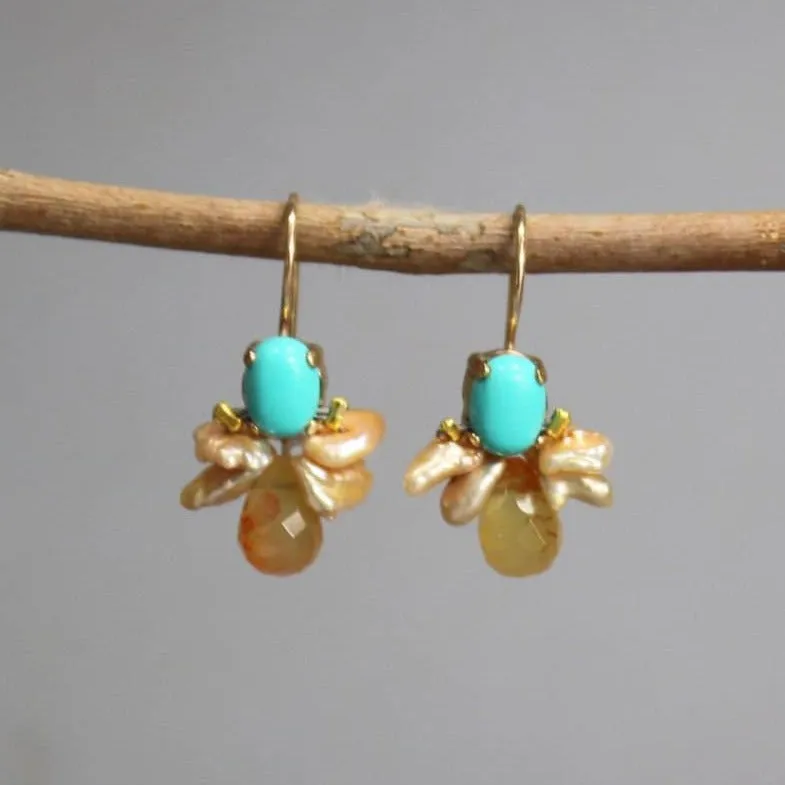 Turquoise Pearl Carnelian Bee Earrings