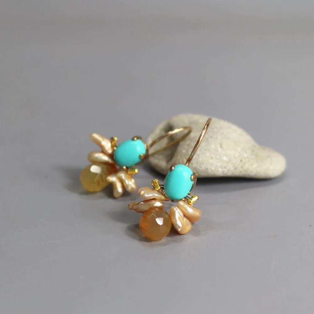 Turquoise Pearl Carnelian Bee Earrings