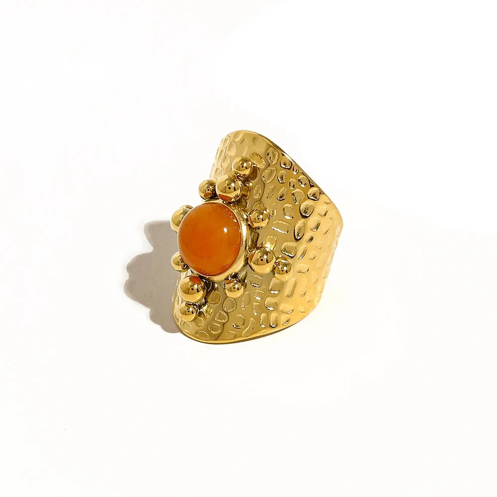 VAIGE 18K Gold Plated Stainless Steel Wide Cocktail Ring with Geometric Design and Luxury Orange Stone – Trendy Aesthetic Jewelry for Any Occasion